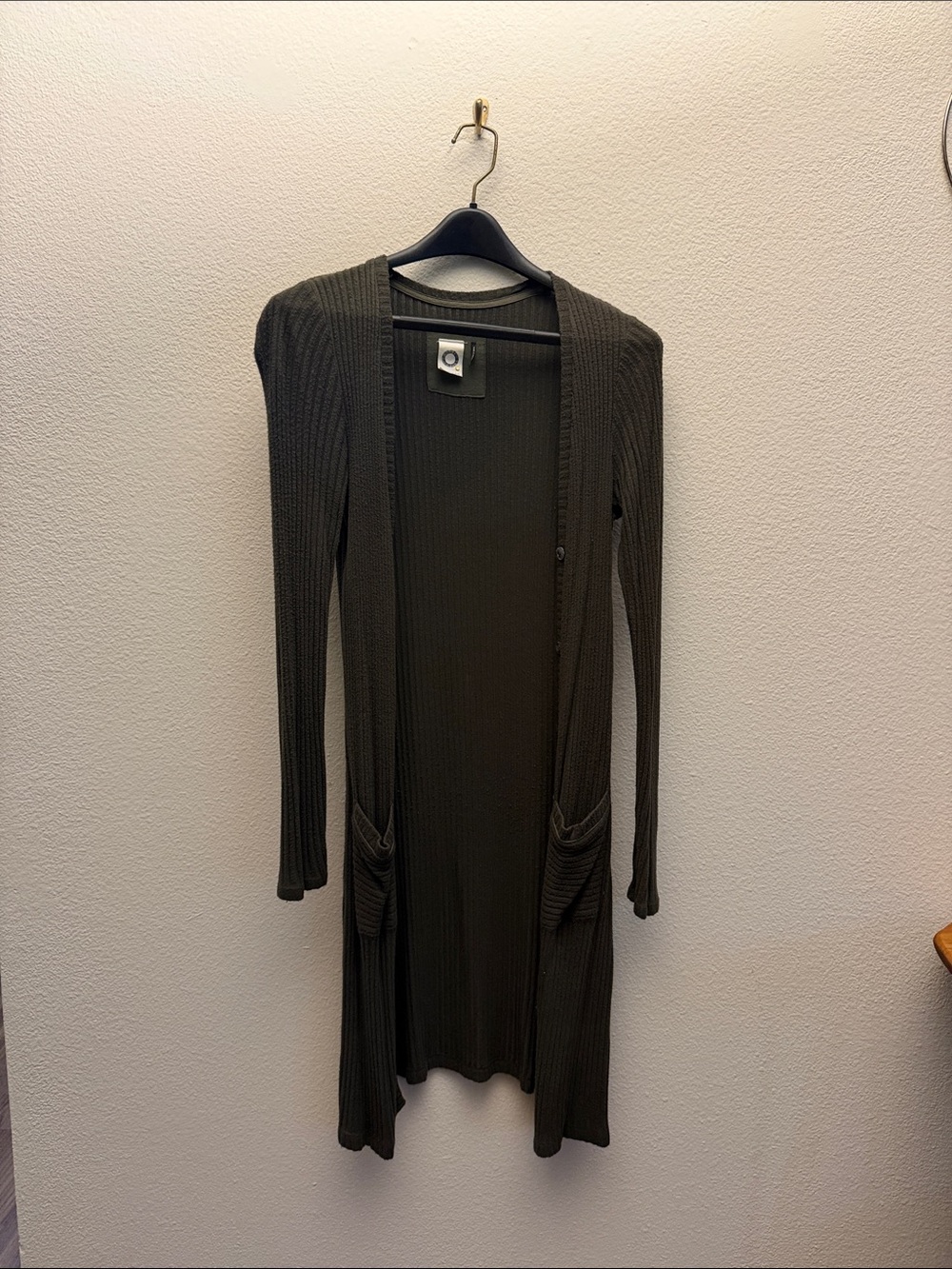 Long Ribbed Open-Front Olive Green Knit Dress with Pockets